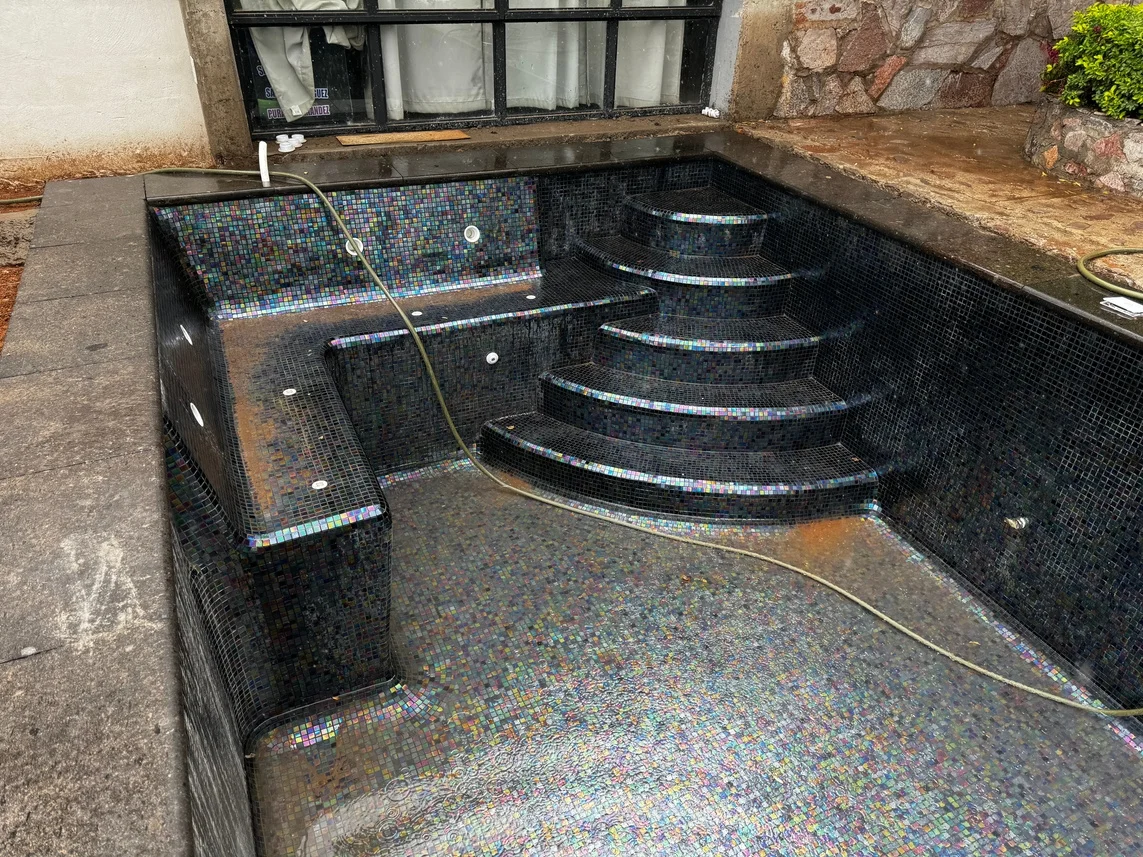 Proyecto Black Olivo: alberca con asoleadero y escalera tipo pastel